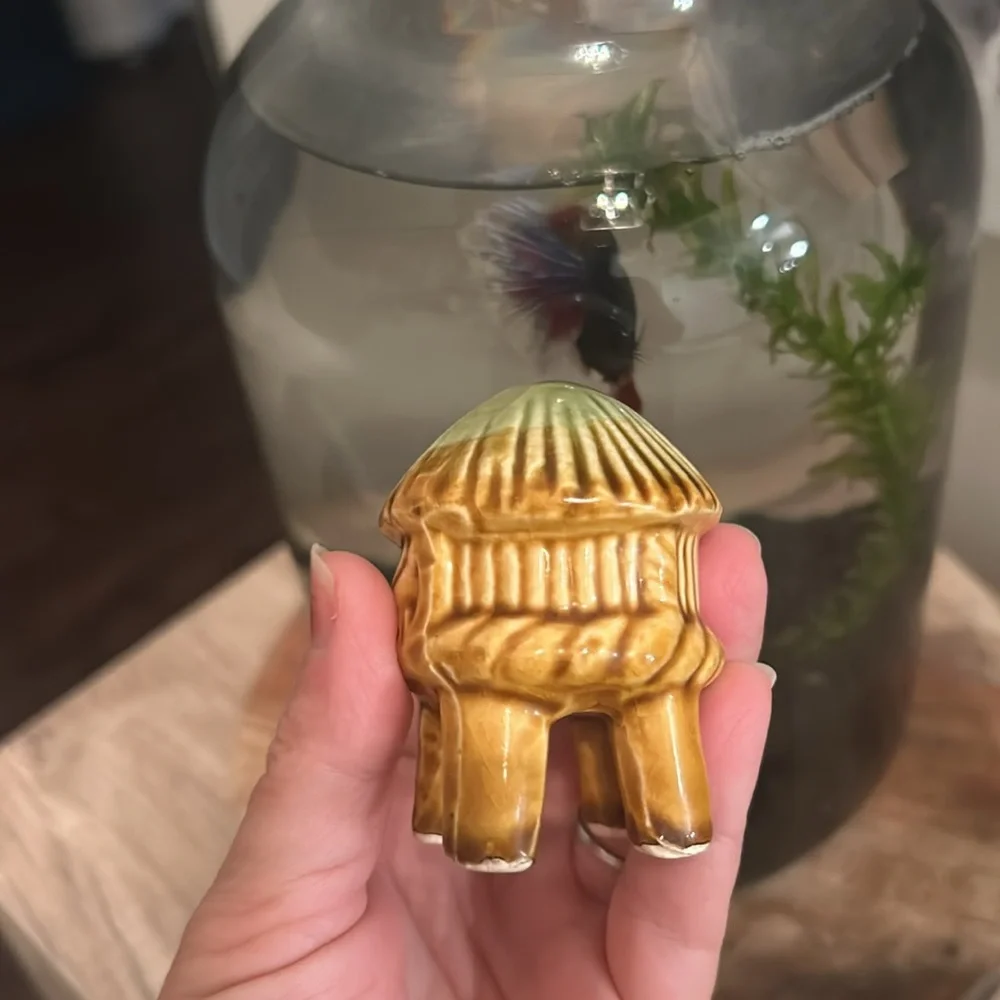 Tiki hut fish bowl tank mid century aquarium decor set